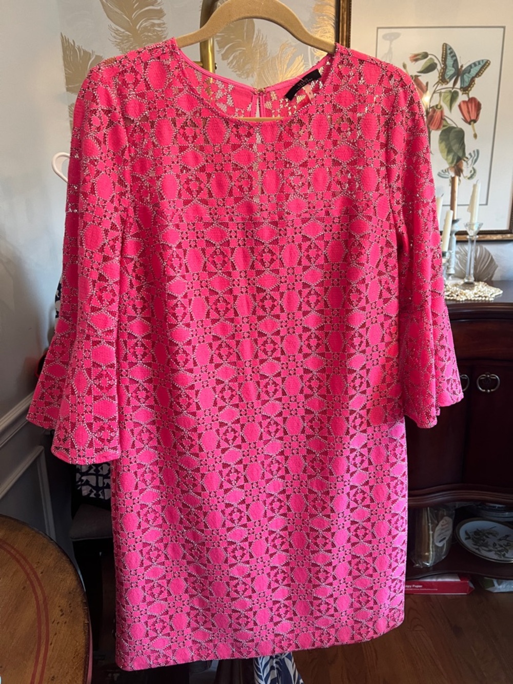 Trina Turk Hot Pink Lace Shift Dress with Ruffle Sleeves